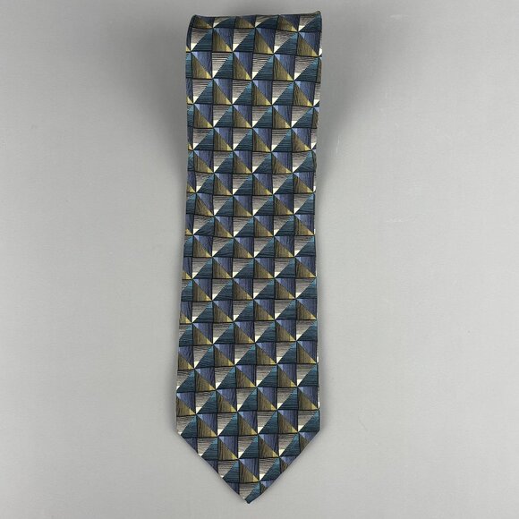 Jhane Barnes Geometric Silk Tie Blue & Gold Made in Japan - Picture 11 of 11
